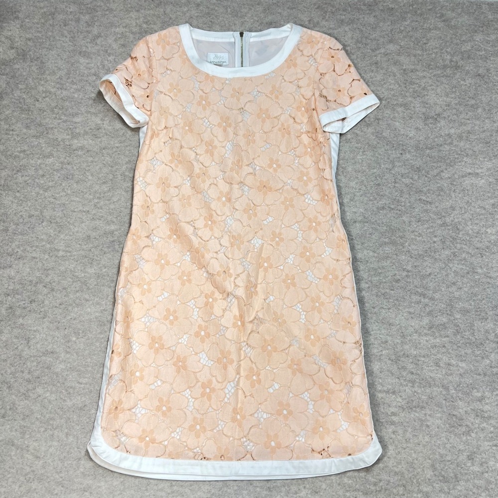 Donna Morgan Peach Floral Lace Shift Dress White Trim Sz 4 Short Sleeve Mini EUC